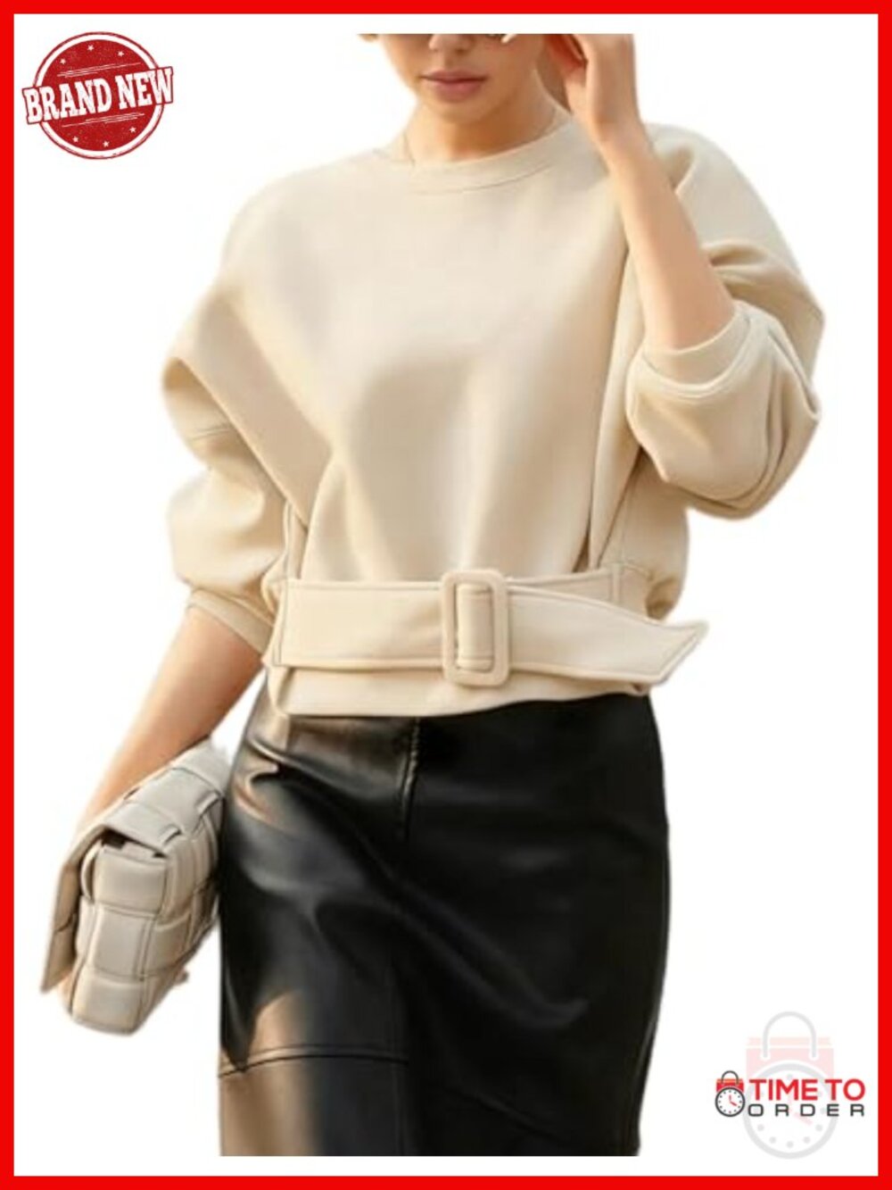Cropped Crewneck Sweatshirt Belted Loose Fit Long Sleeve Casual Pullover